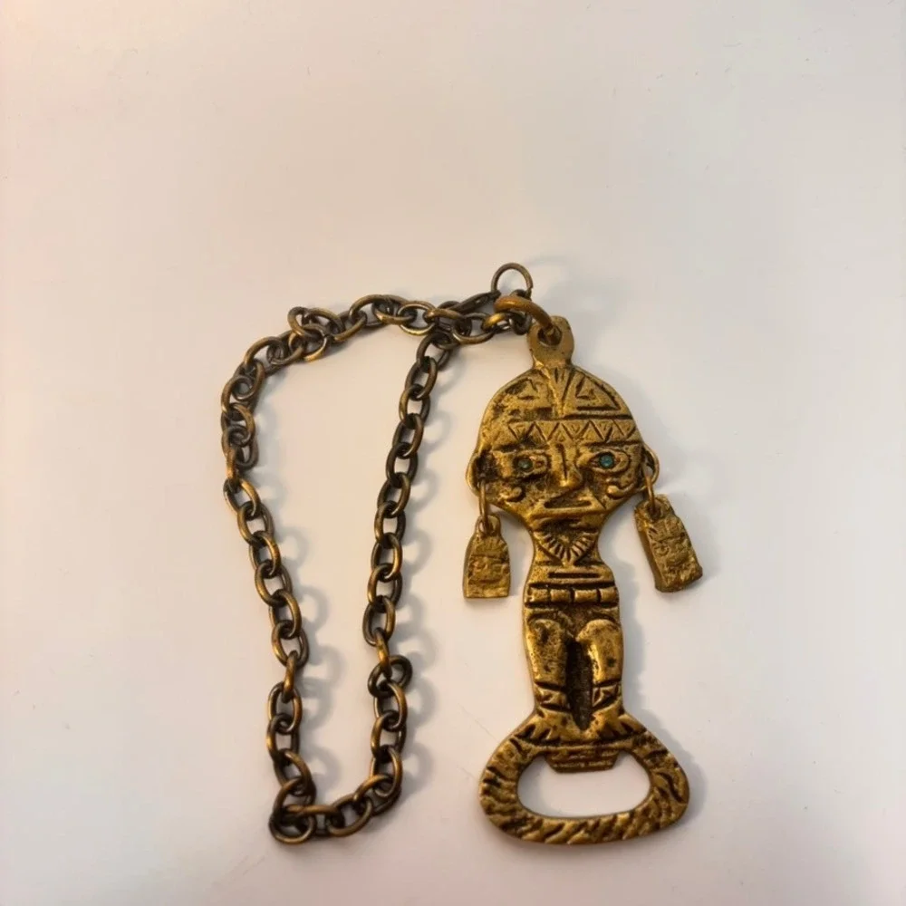 Vintage Brass Aztec Mayan Bottle Opener Gold Figural Tiki Barware Boho Statement